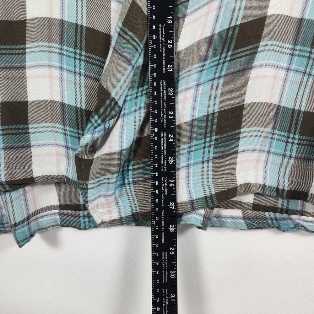 Catherines Petite Plus 3XWP Plaid Open Front Cardigan Blue Brown Rayon Draped - Picture 7 of 10
